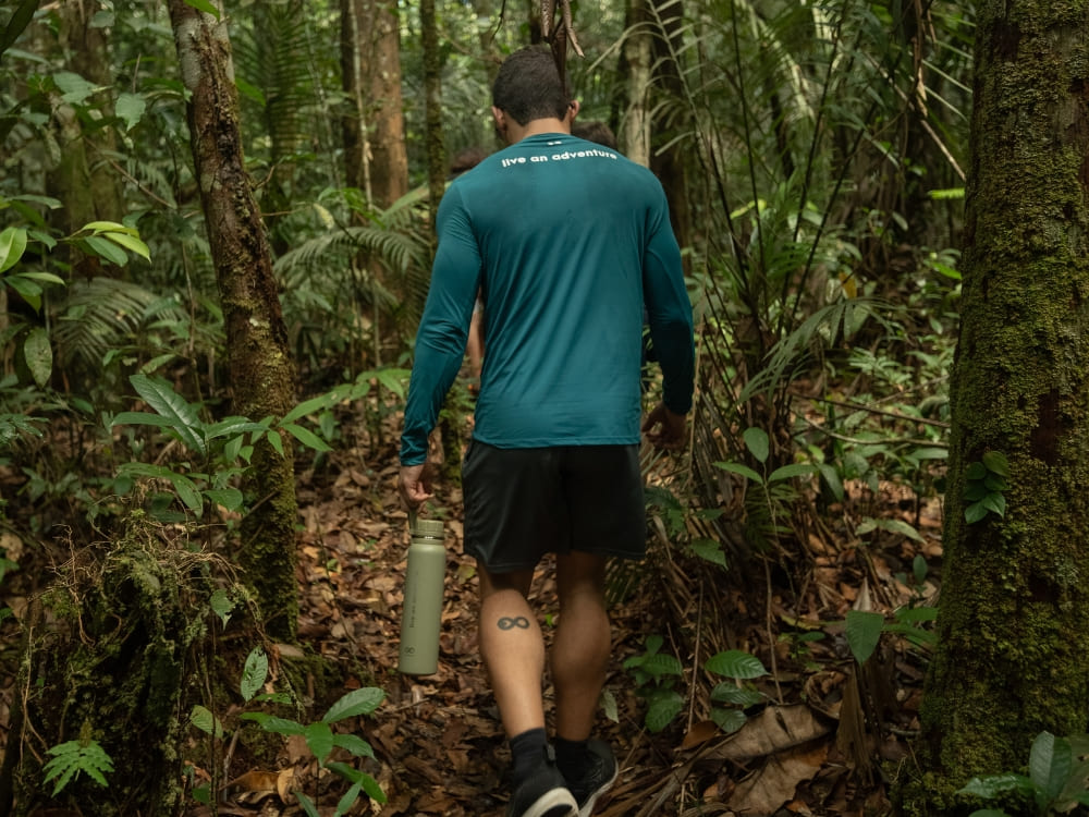 A traveler carrying a reusable water bottle hikes through a lush green Amazon Rainforest trail. A traveler carrying a reusable water bottle hikes through a lush green Amazon Rainforest trail.