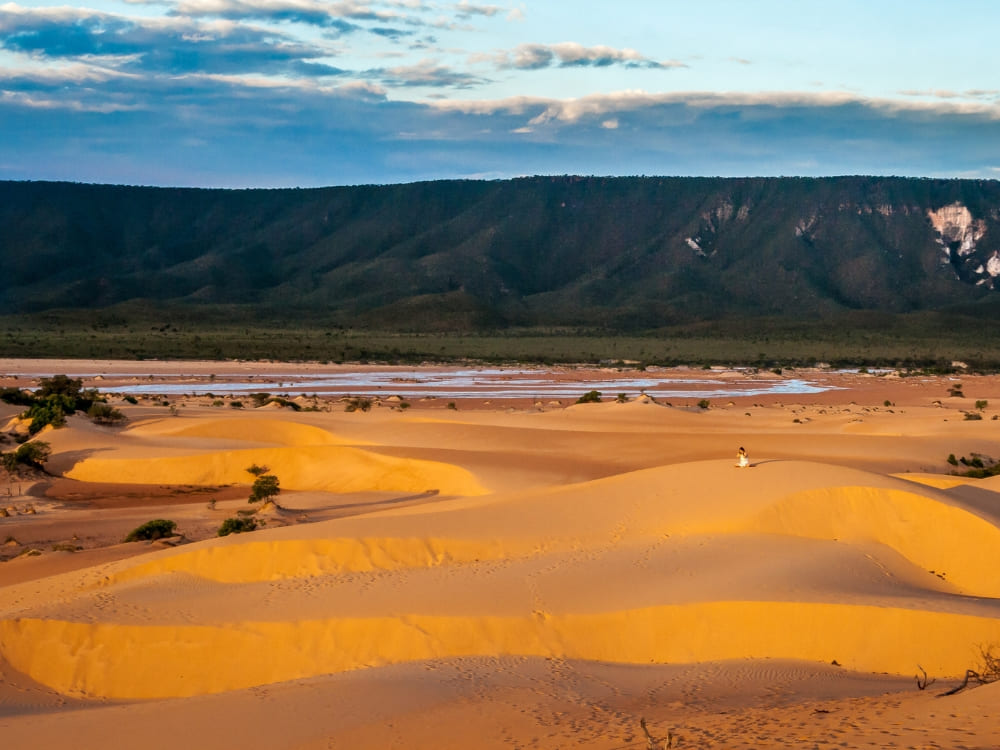 Golden sand dunes at sunset showcasing the remote beauty of Jalapão, where sand dunes rise in the middle of the savanna. 