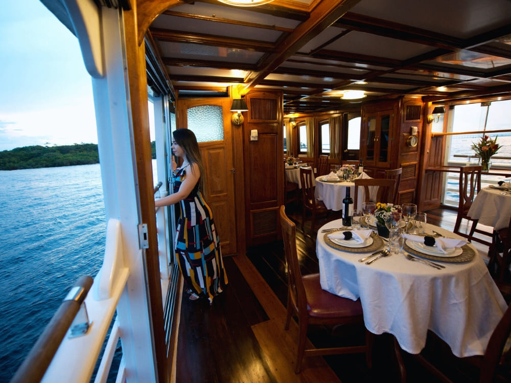 A woman in a colorful striped dress looks out the open window of a wooden boat dining room, which features tables set with white tablecloths and wine glasses.