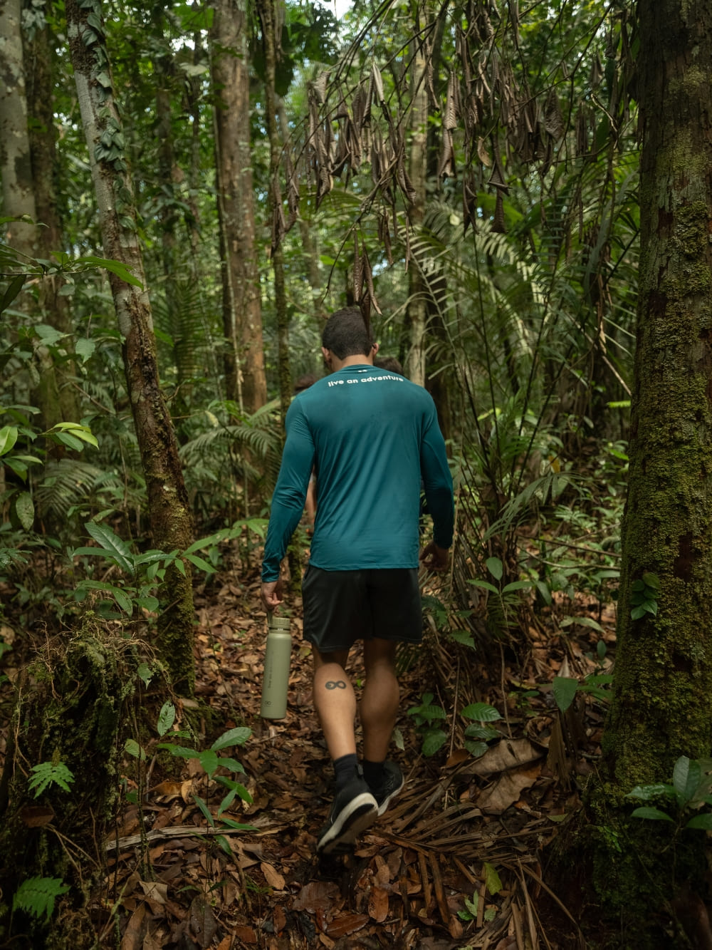 Tourist walking along a dense trail in the Amazon rainforest in Brazil.