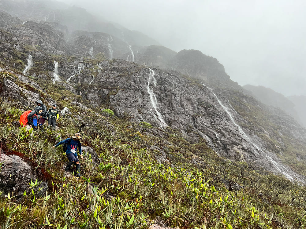  A group of trekkers navigating a steep, rocky, and wet mountain slope with small waterfalls during the expedition. 
