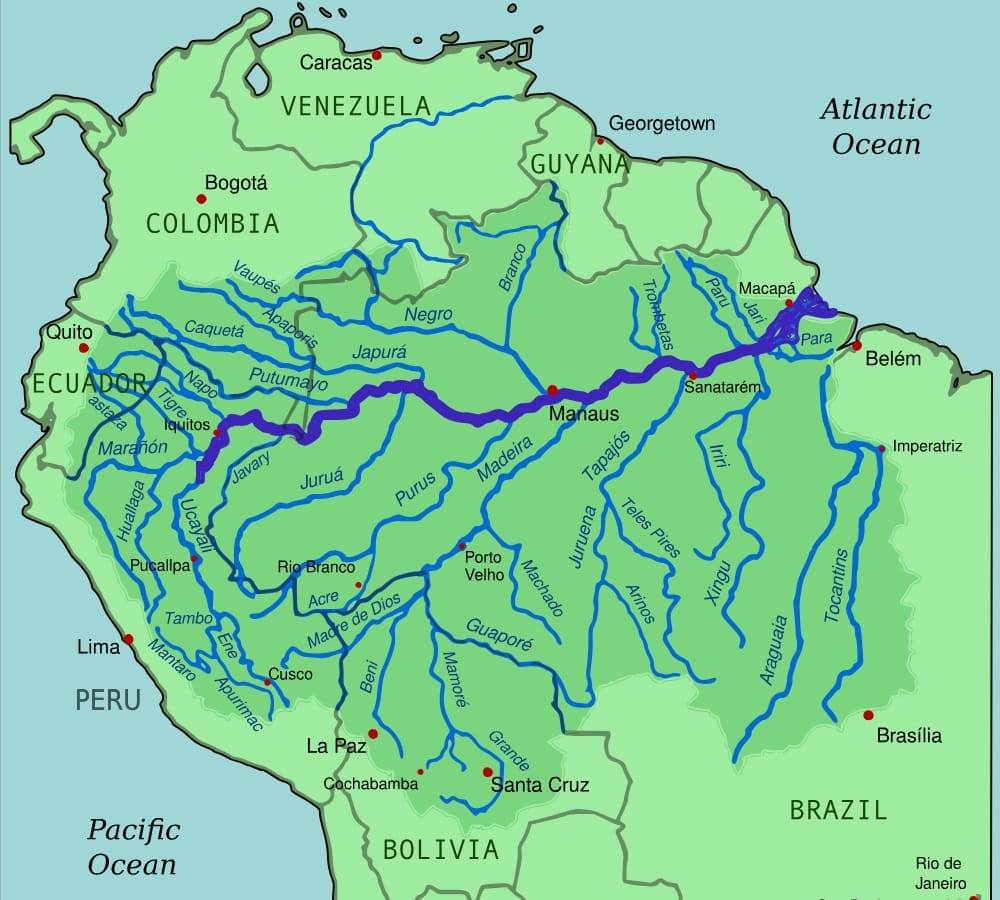 Map of South America highlighting the Amazon River Basin and its main tributaries across the continent.