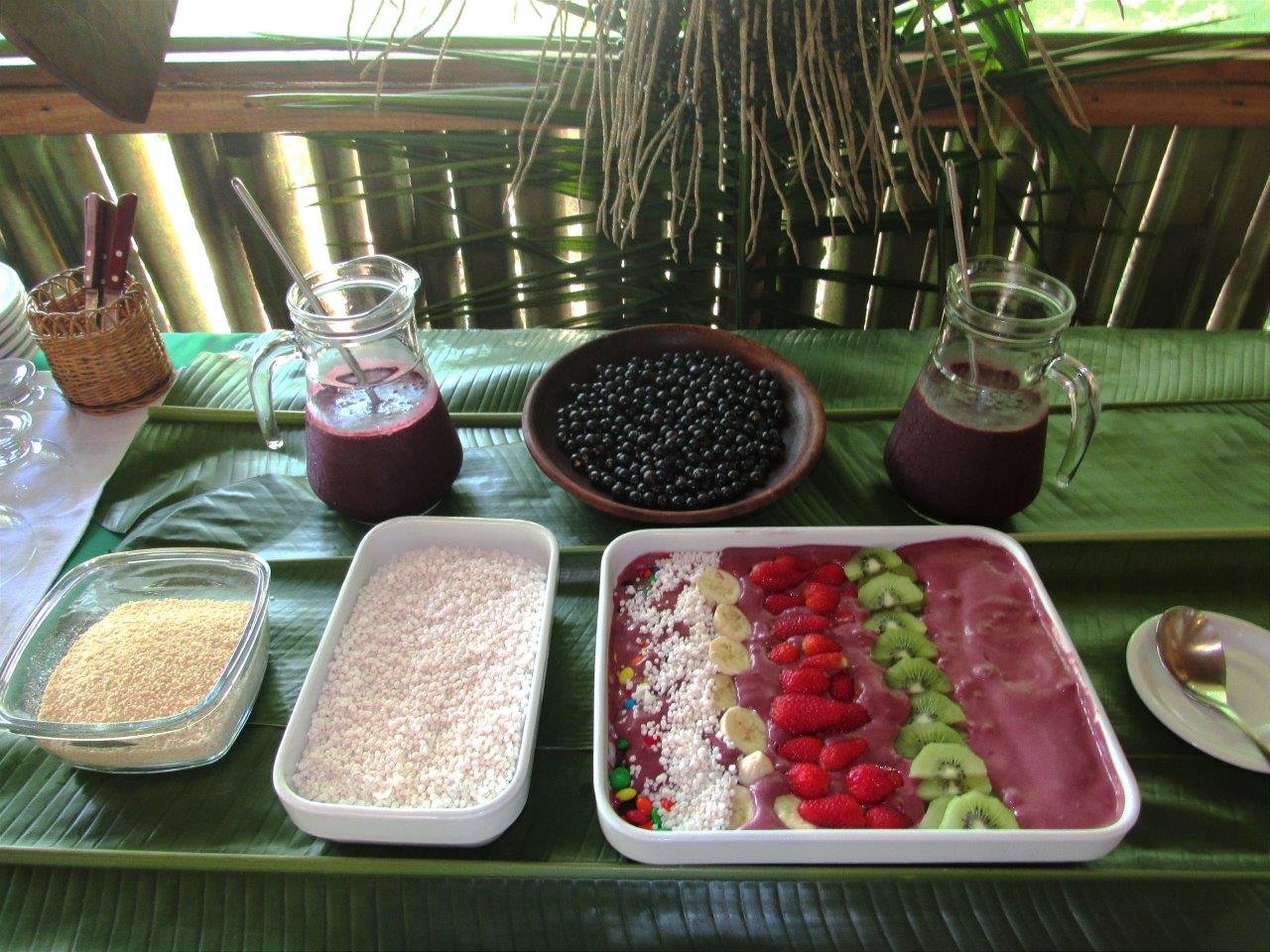 Breakfast spread of fresh acai, tapioca, granola and tropical fruit on a banana-leaf table at a jungle lodge