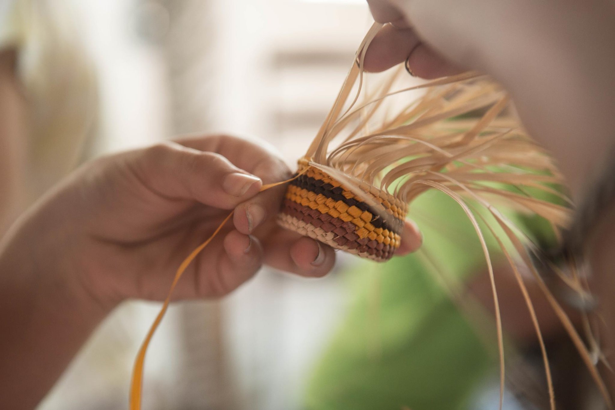 Woven stripe by stripe, a local craft takes shape in steady hands. Close-up of hands weaving a small striped basket with natural palm fibre strands during an Amazon cruise from Alter do Chão community visit