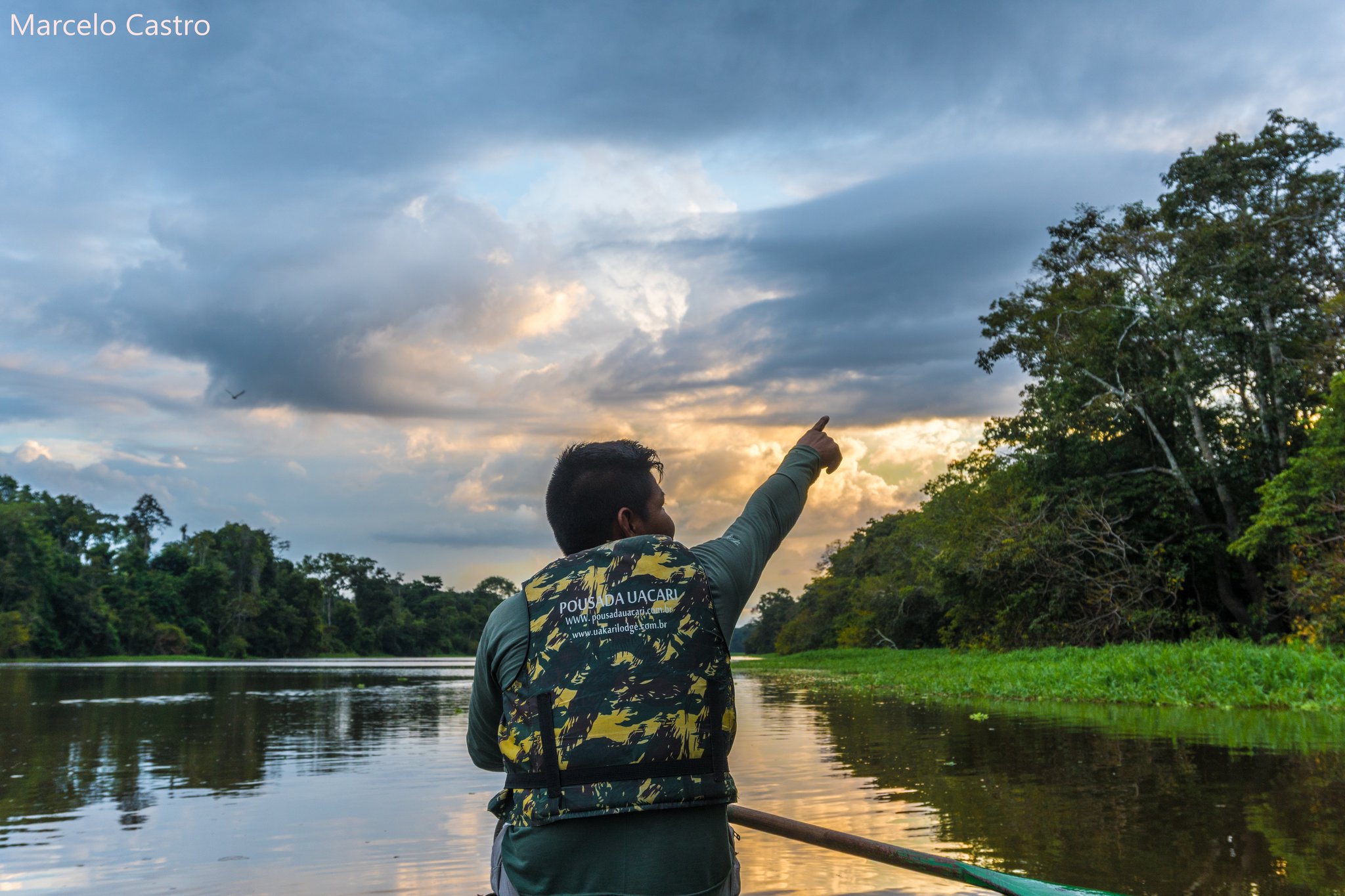 A Pousada Uacari guide points toward the glowing horizon from a boat on a calm Amazon river channel, surrounded by dense rainforest at sunset during an amazon rainforest ecolodge trip in Brazil