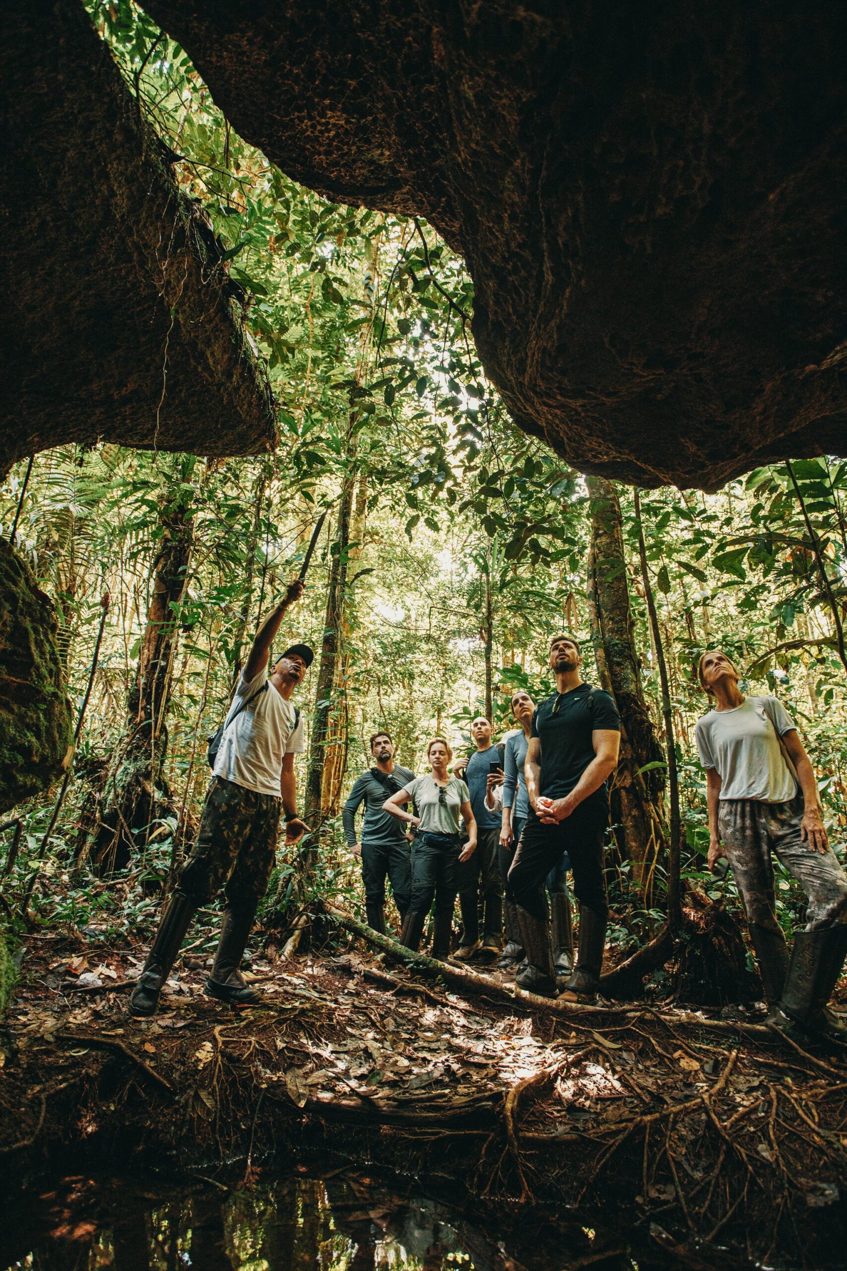 Heads tilted back, the cave mouth frames a cathedral of green above. A guide points upward while a small group of travellers gazes toward the rainforest canopy, framed by the ancient rock arch of a cave at Anavilhanas Jungle Lodge Brazil
