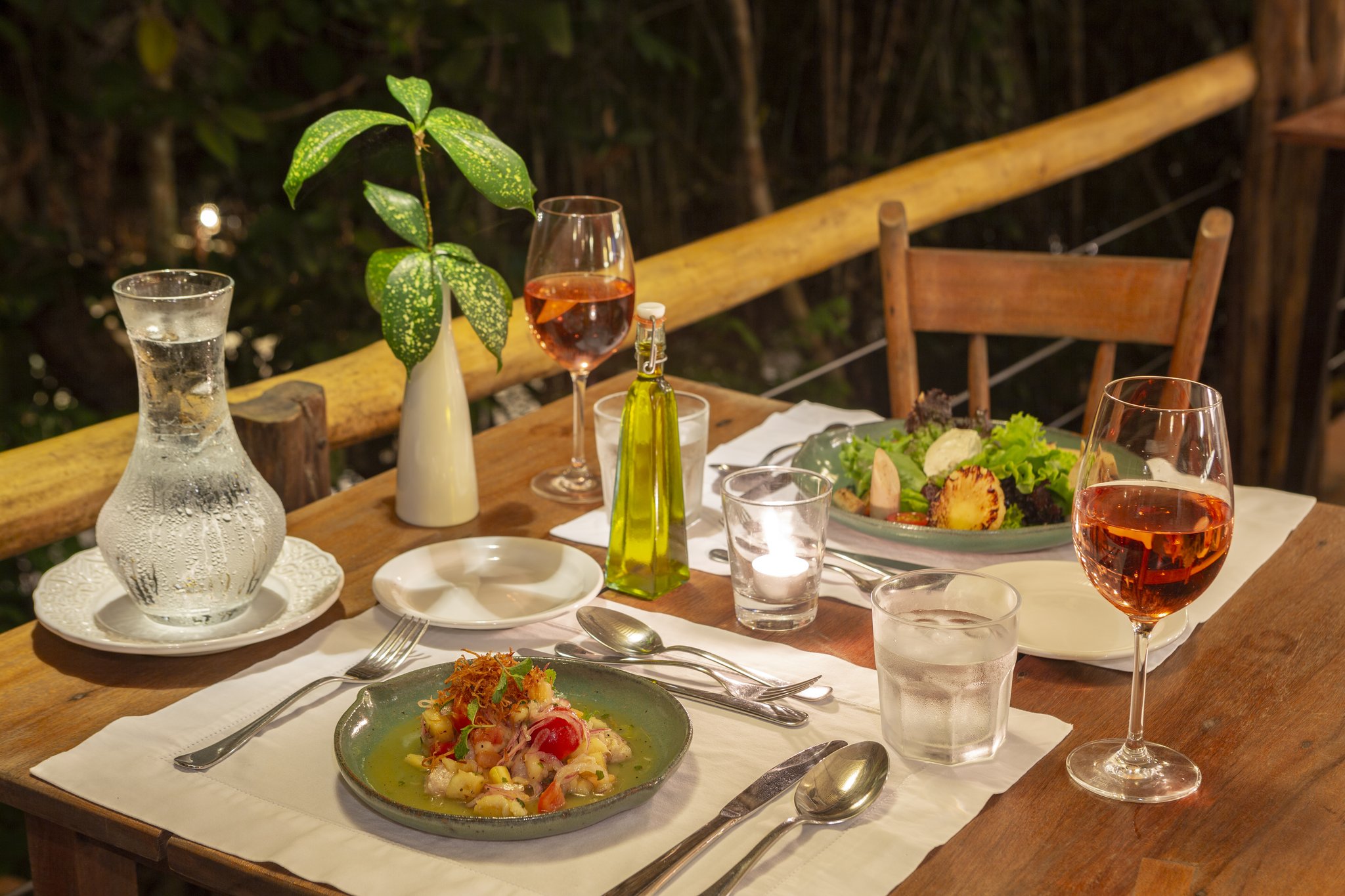 Two courses, two glasses of rosé, and the jungle breathing quietly around you. A candlelit outdoor dining table at Anavilhanas Jungle Lodge Brazil set with rosé wine, a green ceramic plate of seafood starter, fresh salad, olive oil and a tropical leaf centrepiece, overlooking the jungle on a bamboo-railed terrace