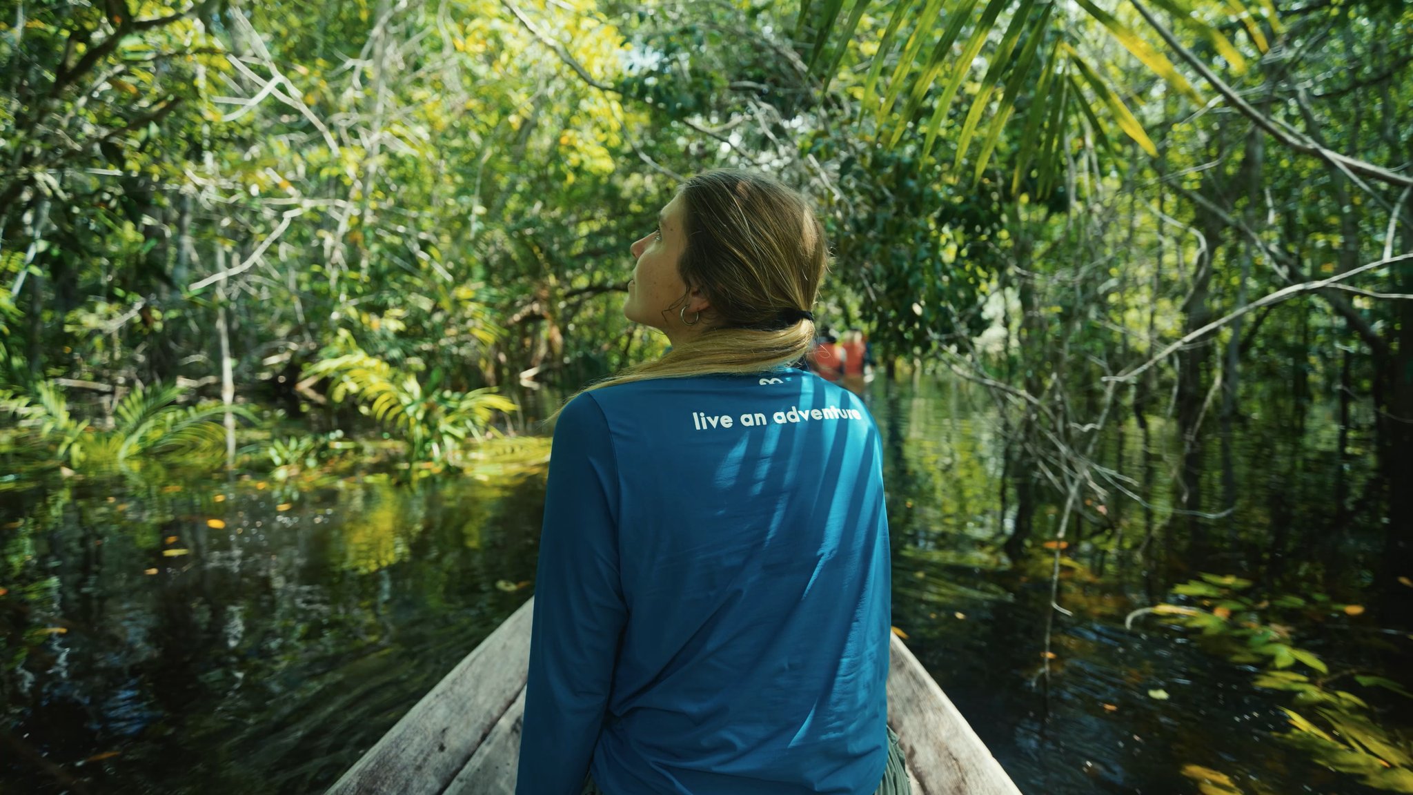 A traveler paddles a dugout canoe through the flooded forest of the Brazilian Amazon, looking up at the trees