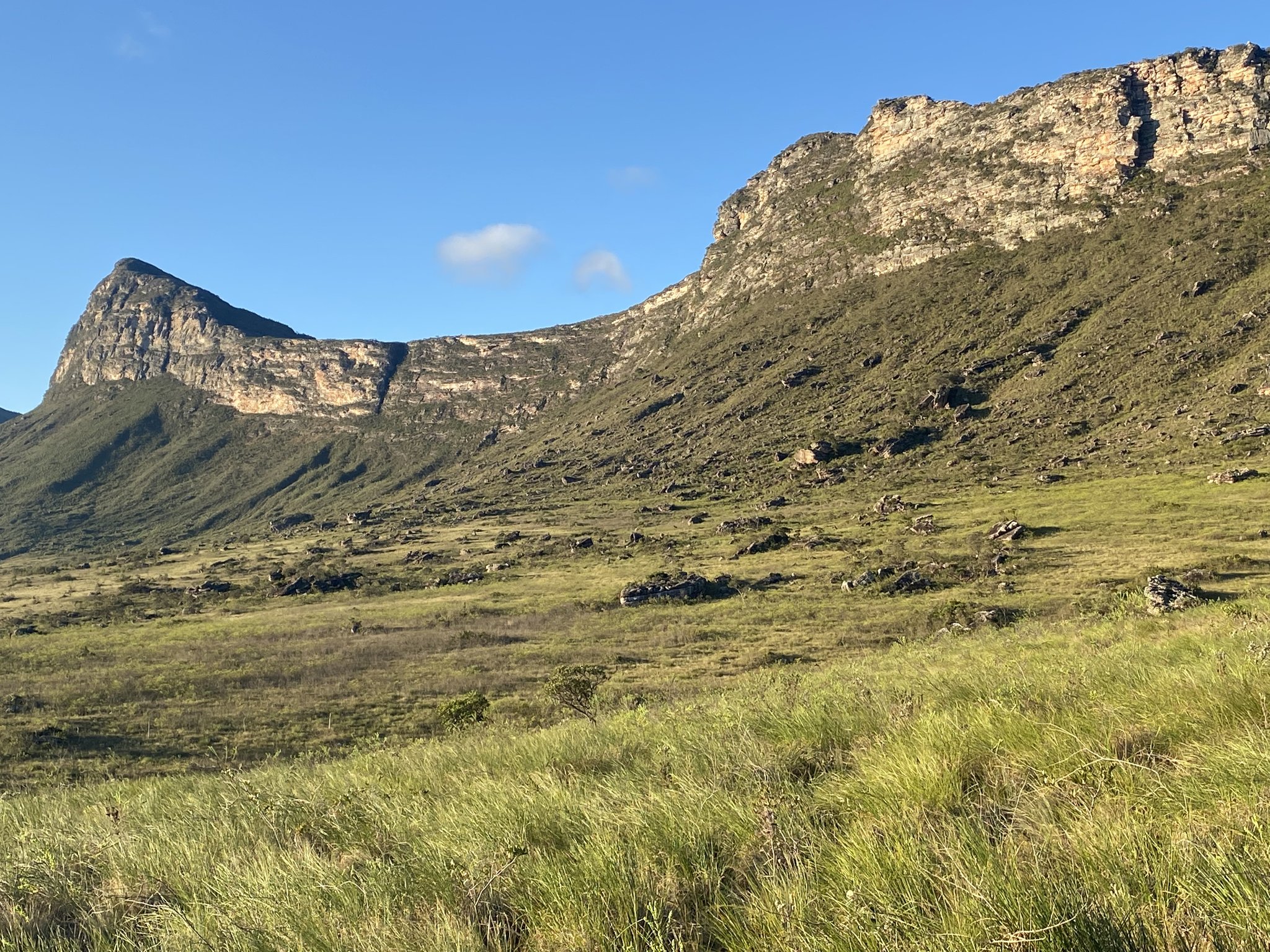 Vast silence, ancient rock, endless green — the valley opens up. Wide open grassland valley framed by towering sandstone escarpments under a clear blue sky on the Chapada Diamantina trek