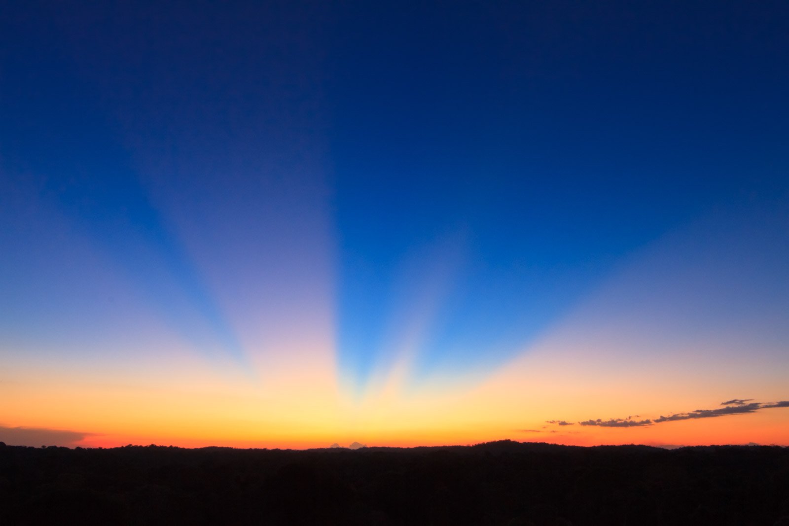 Dramatic crepuscular rays fan out across a deep blue sky above a dark forest silhouette at sunset, as seen from Cristalino Jungle Lodge