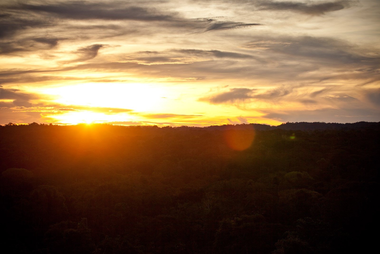 A golden sunset blazes over an unbroken tropical forest canopy at Cristalino Jungle Lodge, with dramatic clouds streaked across the wide sky
