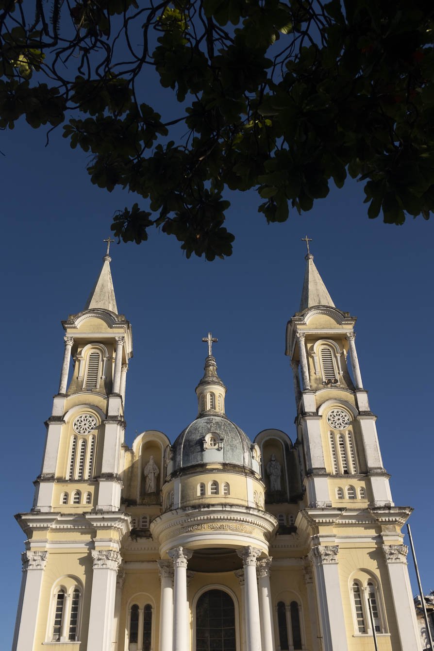 Colonial grandeur in Ilhéus — where cycling Bahia begins. Upward view of the ornate yellow-and-white façade of the São Sebastião Cathedral in Ilhéus, Bahia, with twin bell towers and a central dome rising against a deep blue sky, framed by tropical tree branches
