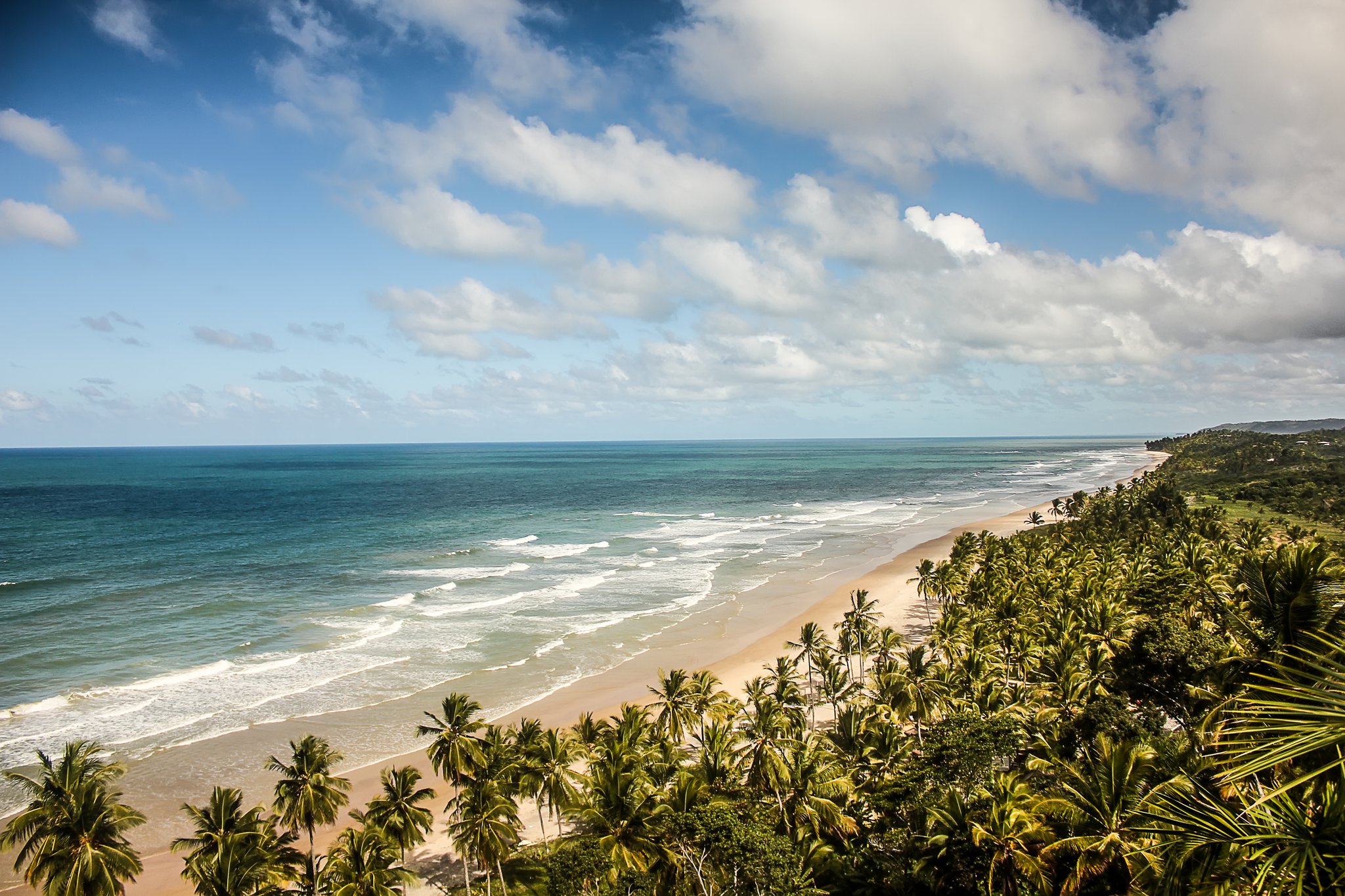 Miles of untouched coastline await cyclists on the Bahia Cocoa Route. Photo: MaFelipe Aerial view of a vast palm-lined golden beach near Itacaré with turquoise Atlantic waves and lush green forest on the cycling Bahia cocoa route