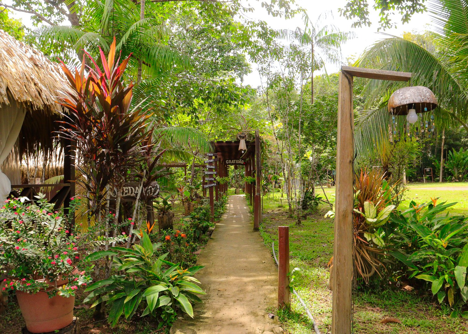 Shaded paths wind through tropical gardens linking the bungalows. Garden pathway lined with tropical plants leading between the lodge bungalows