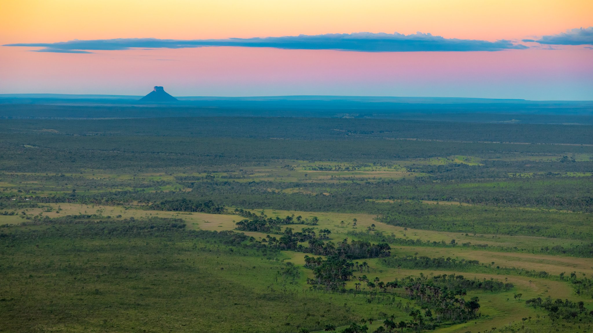 Endless savanna, one solitary butte, and a sky that refuses to quit. Photo: Alberto Andrich Vast Cerrado savanna stretching to the horizon on a Jalapão trip, with a lone flat-topped butte silhouetted against a pink and amber twilight sky