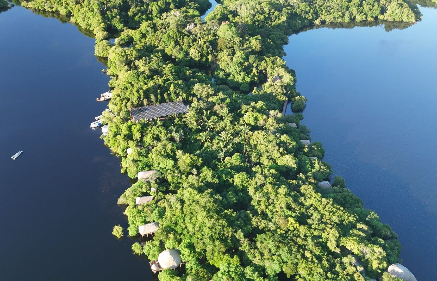 An entire island swallowed by forest — the lodge barely visible beneath the canopy. Aerial view of Juma Amazon Jungle Lodge nestled within a dense rainforest island surrounded by dark river waters, with thatched bungalows, a solar-panelled roof, and small boats visible through the canopy