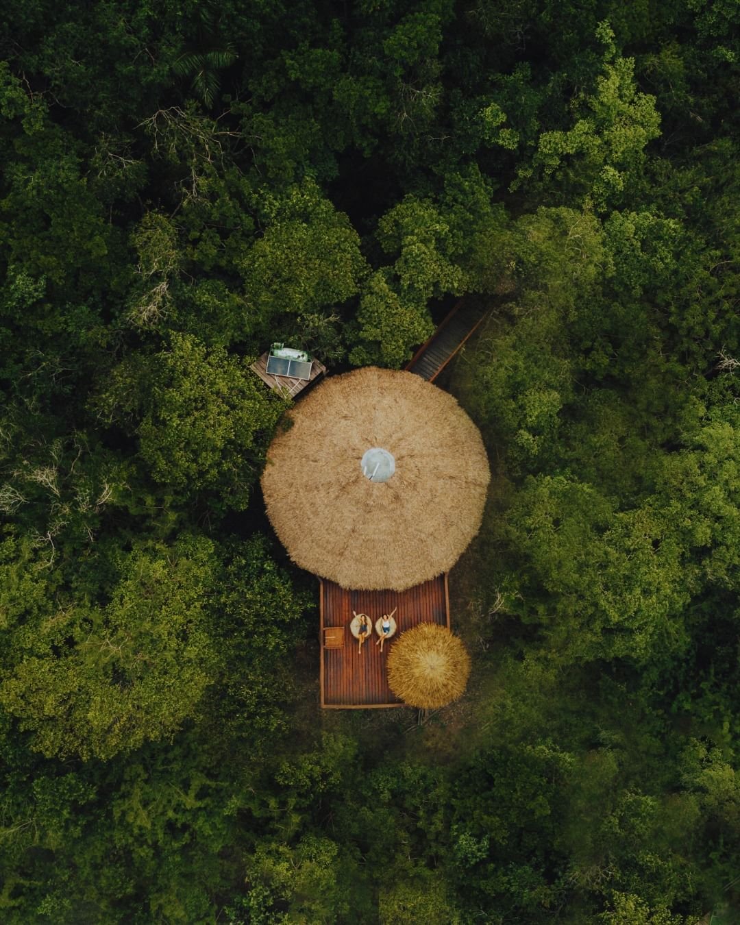 Aerial view of a circular thatched-roof bungalow at Juma Amazon Jungle Lodge surrounded by dense rainforest canopy, with two guests relaxing on a wooden deck