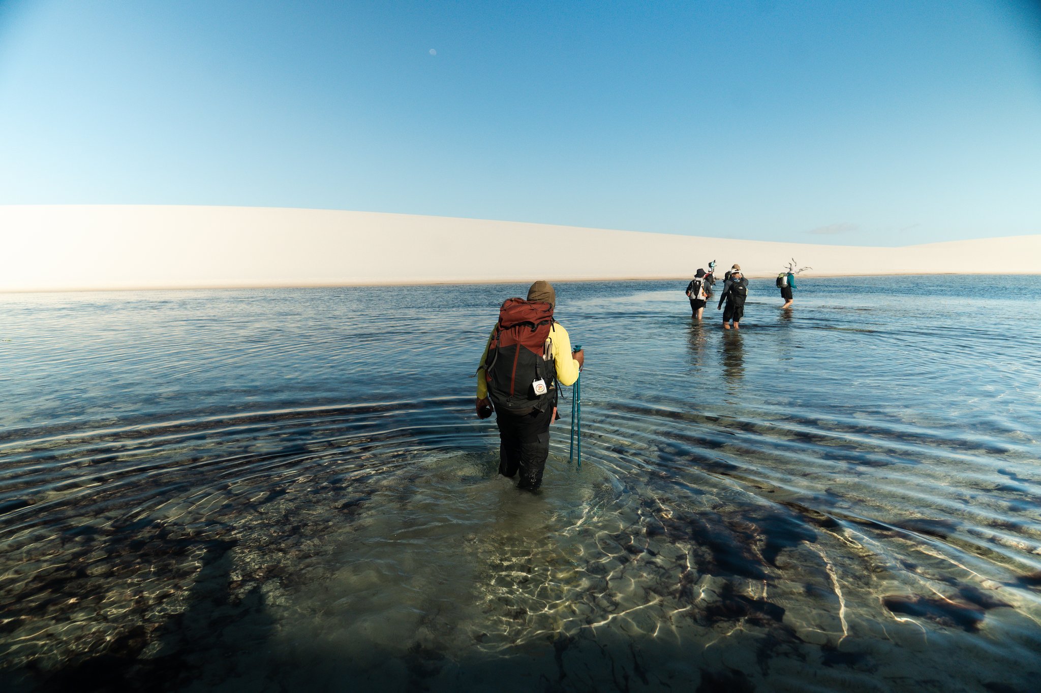 Knee-deep and moving forward — the dunes are just ahead. A group of backpackers wading knee-deep through a clear shallow lagoon on the Lençóis Maranhenses trek, with a wall of white dunes rising on the horizon under a blue sky