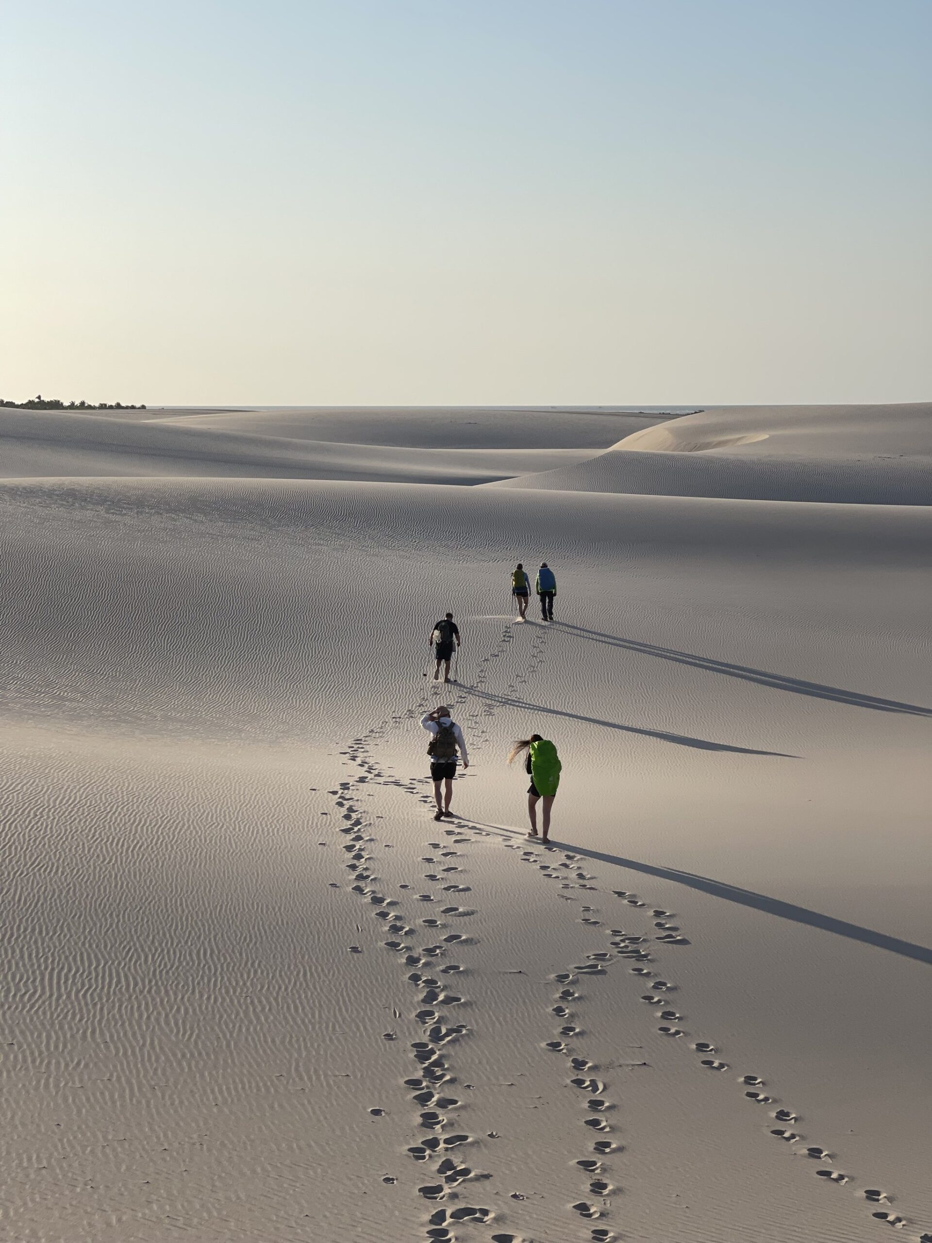 Five sets of footprints, one seamless white horizon — the dunes swallow every sense of scale. Five hikers and their footprints crossing an expanse of rippled white sand dunes on a Lençóis Maranhenses trip, under a pale morning sky
