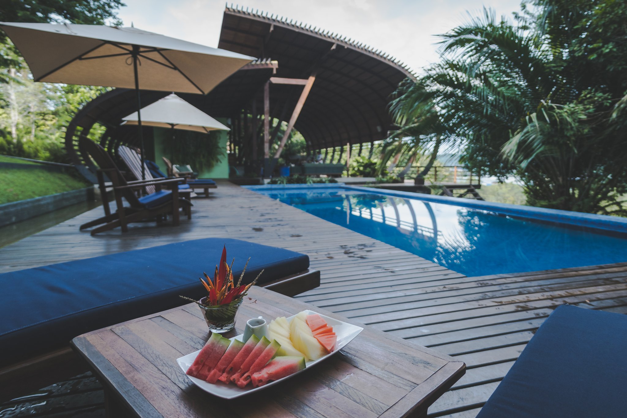 Poolside refreshments the Amazon way — ripe tropical fruit, still water, and rainforest all around. Fresh watermelon and melon slices on a poolside lounger table at Mirante do Gavião, with the lodge's curved wooden pavilion and jungle-view swimming pool in the background