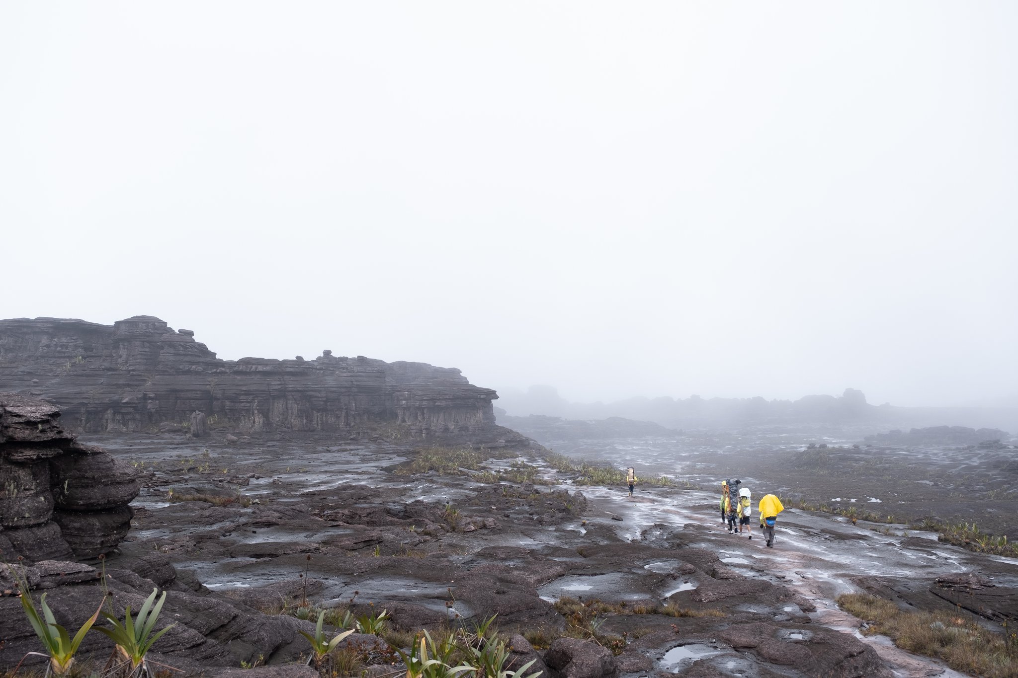 A small group of hikers in yellow rain gear crossing the vast, rain-slicked rocky plateau of a tepui summit during a Mount Roraima hike, surrounded by dense mist and ancient sandstone formations