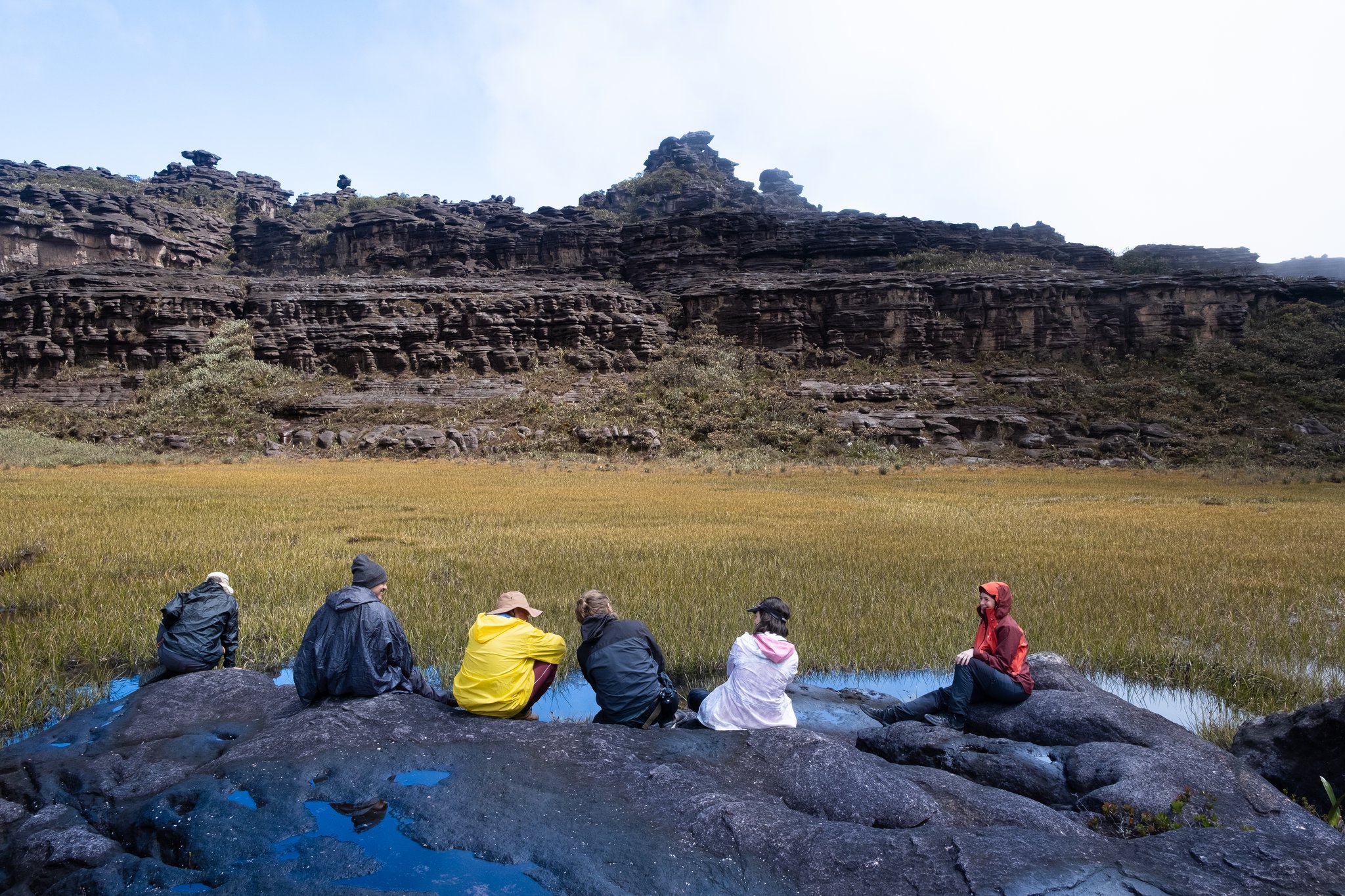 Six hikers in rain gear sitting on dark rocks beside a golden-grass meadow during a Mount Roraima hike, with ancient layered sandstone cliffs rising in the background