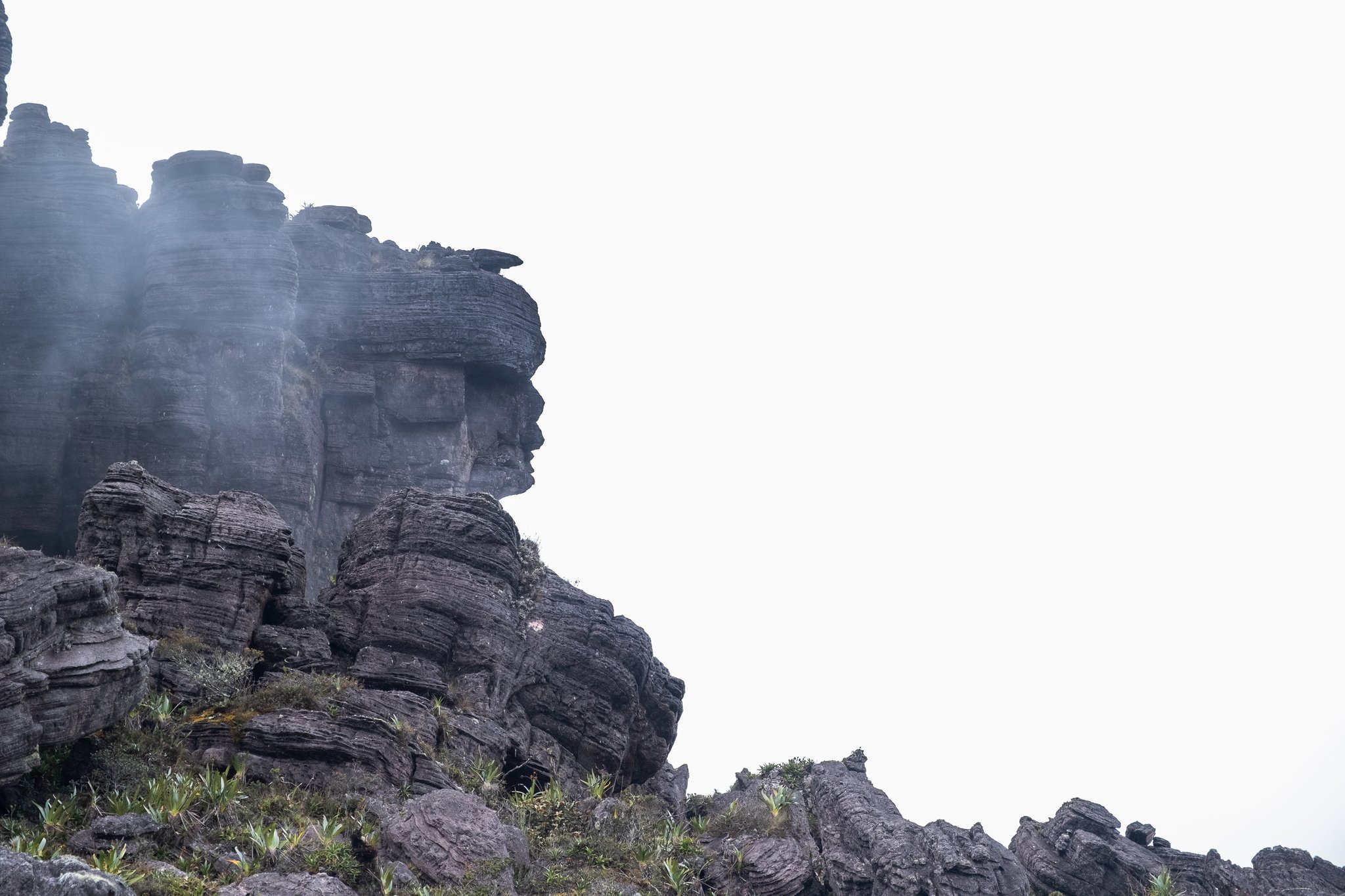 Layered sandstone rock formations rise through swirling mist on the Mount Roraima trek, their weathered faces resembling ancient sentinels on the plateau