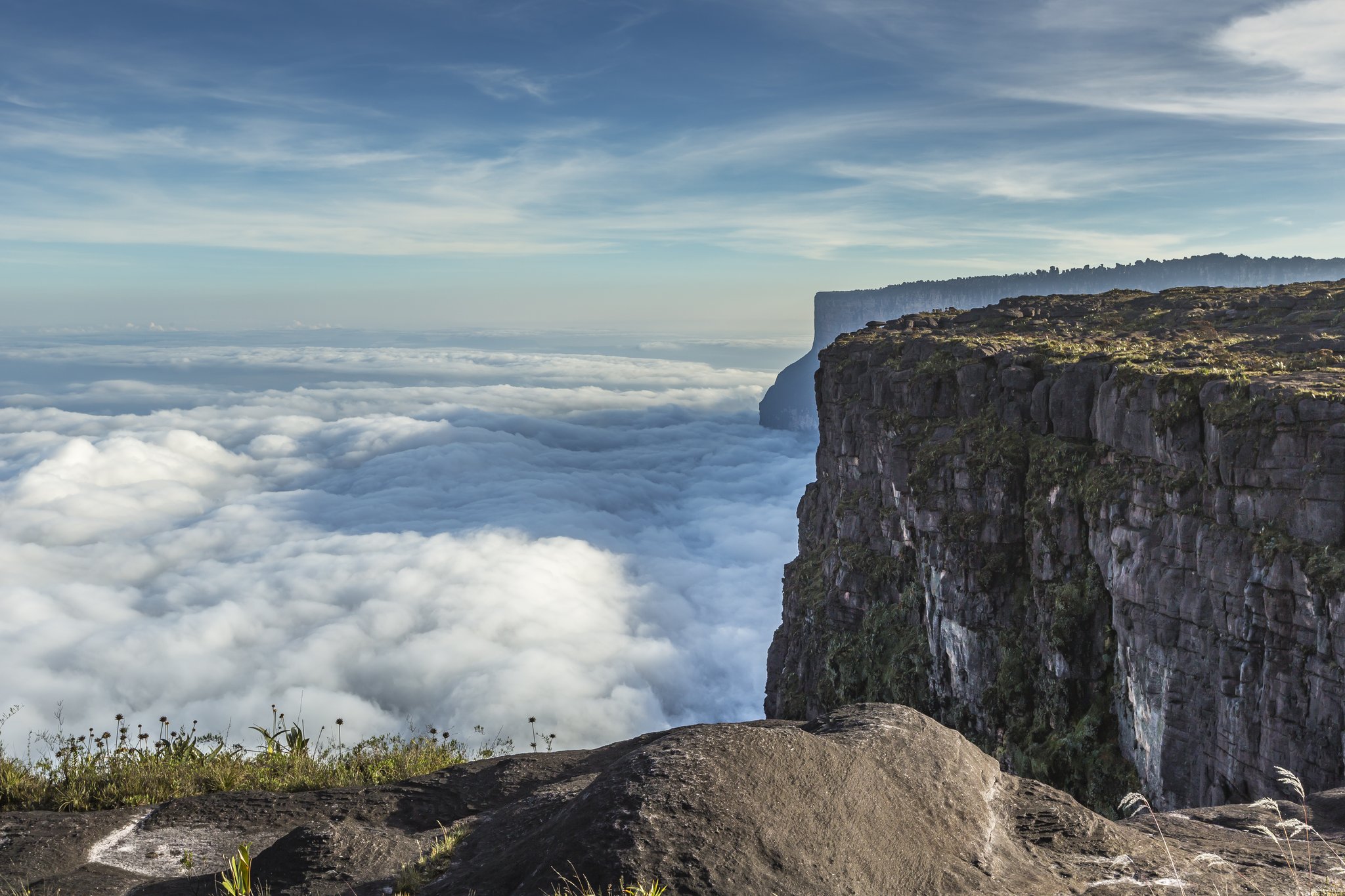 Sheer ancient sandstone cliffs of a tepui rise above a vast sea of clouds during a Mount Roraima trek, with sparse summit vegetation visible in the foreground under a blue sky