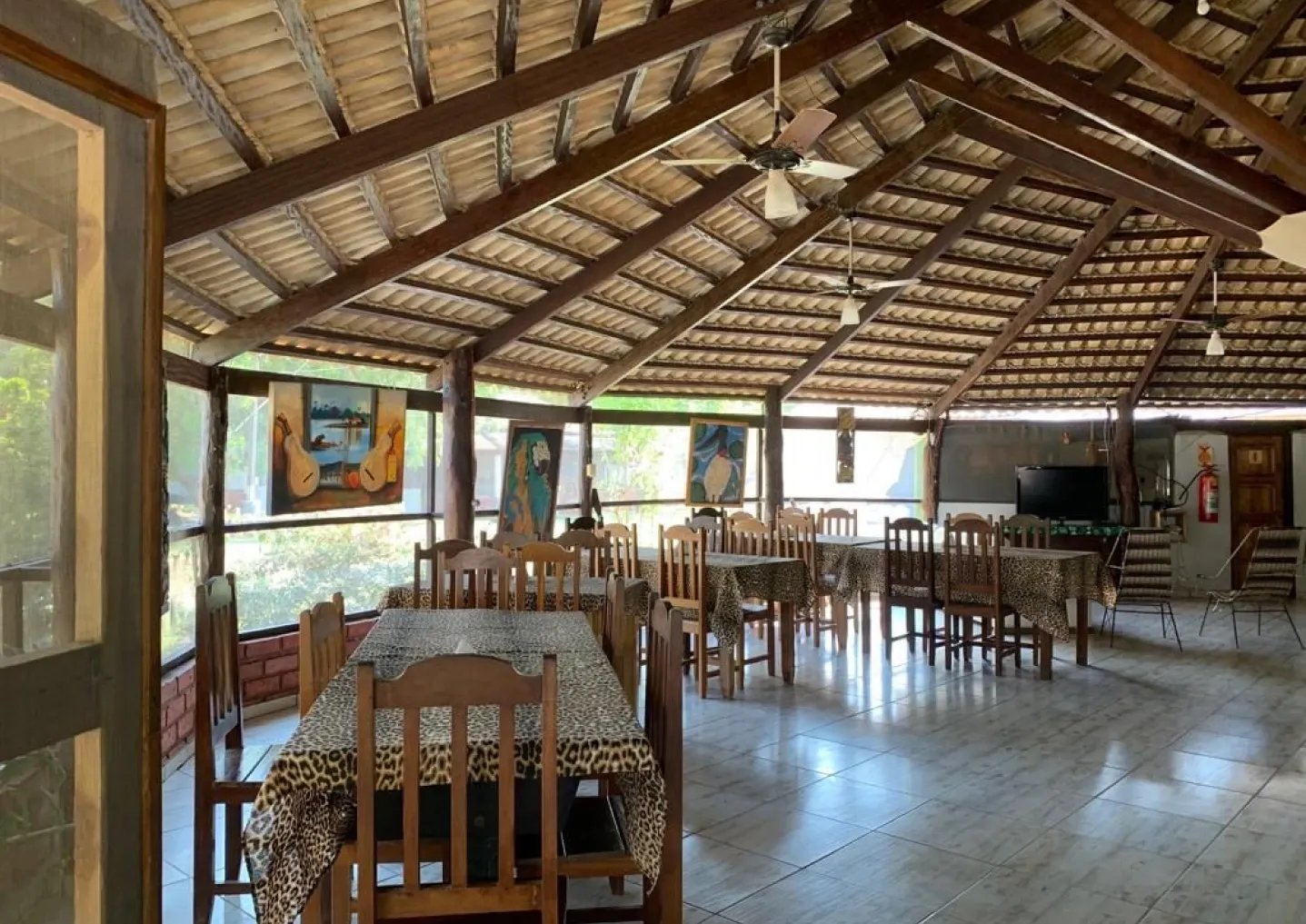 Rustic charm meets the wild — painted walls, print tablecloths, and green forest just beyond the screens. Open-air dining room at a Pantanal jaguar budget safari lodge, featuring wooden ceiling beams, ceiling fans, leopard-print tablecloths, and wildlife-themed paintings along screened windows overlooking greenery