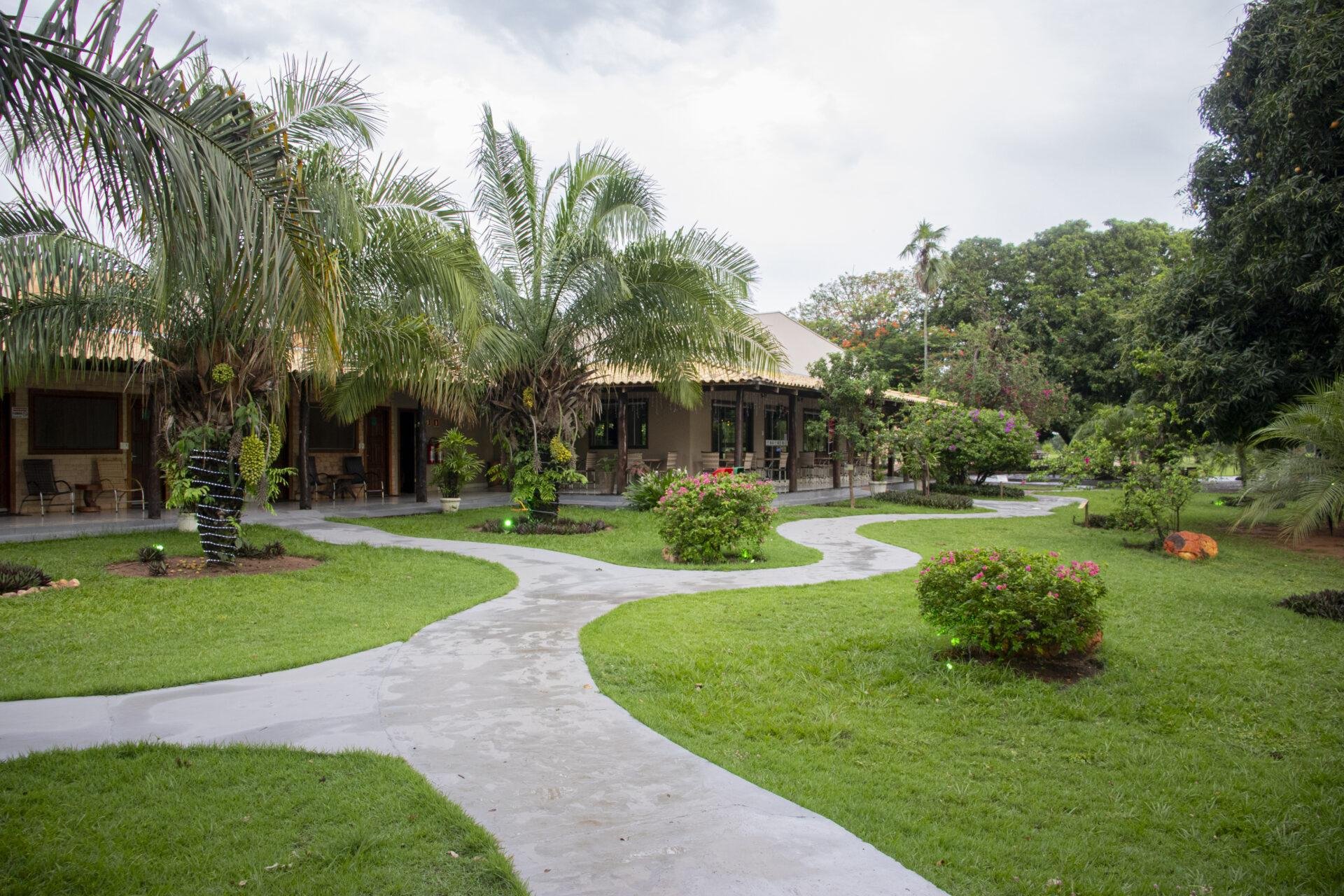 Lush gardens and a winding path welcome you to your Pantanal lodge. A winding concrete pathway curves through a lush tropical garden leading to low-roofed lodge bungalows surrounded by palm trees and flowering shrubs — the kind of comfortable, affordable base that makes a pantanal jaguar budget safari accessible