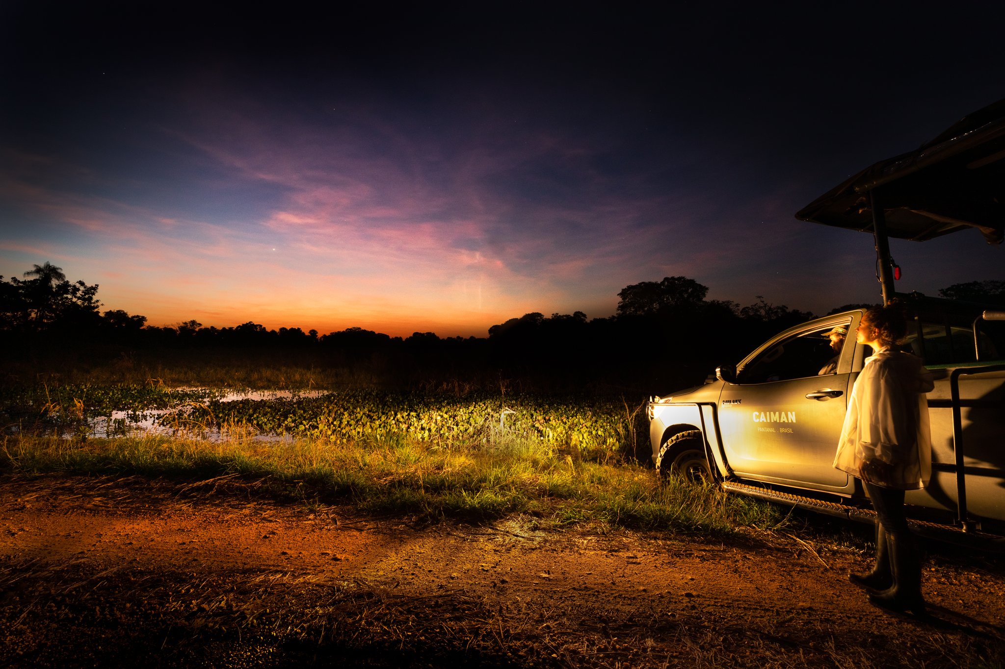 Spotlight ready, the wetlands alive with possibility just beyond the last glow of dusk. A guide stands beside a Caiman Ecological Refuge safari vehicle at dusk, with a fiery orange and violet sky reflected over a wetland lagoon covered in aquatic vegetation during a pantanal luxury safari