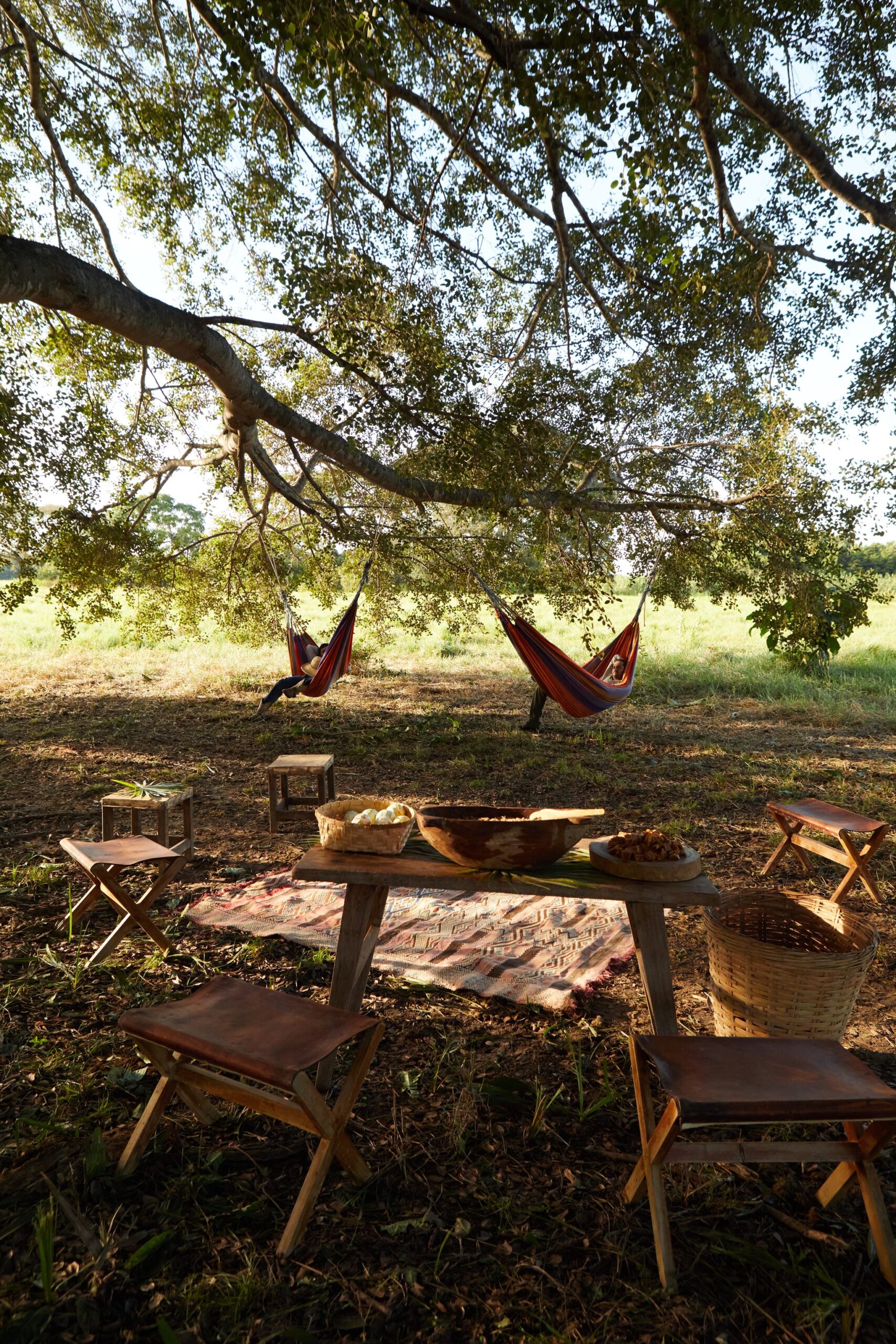 Lunch laid out under the shade, hammocks swaying in the breeze. A rustic wooden table set with woven bowls of food and a patterned rug beneath a large tree, with two colorful hammocks strung between the branches for guests to relax on a pantanal luxury safari