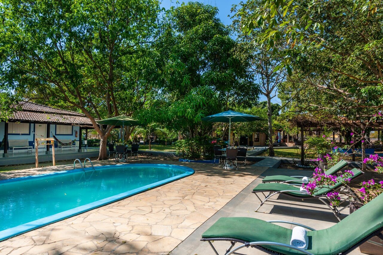 Stone paving, dappled shade, and bougainvillea in bloom — the perfect unwind after a day in the wetlands. Shaded outdoor swimming pool with sun loungers and bougainvillea at a Pantanal Tour from Cuiabá lodge in Poconé