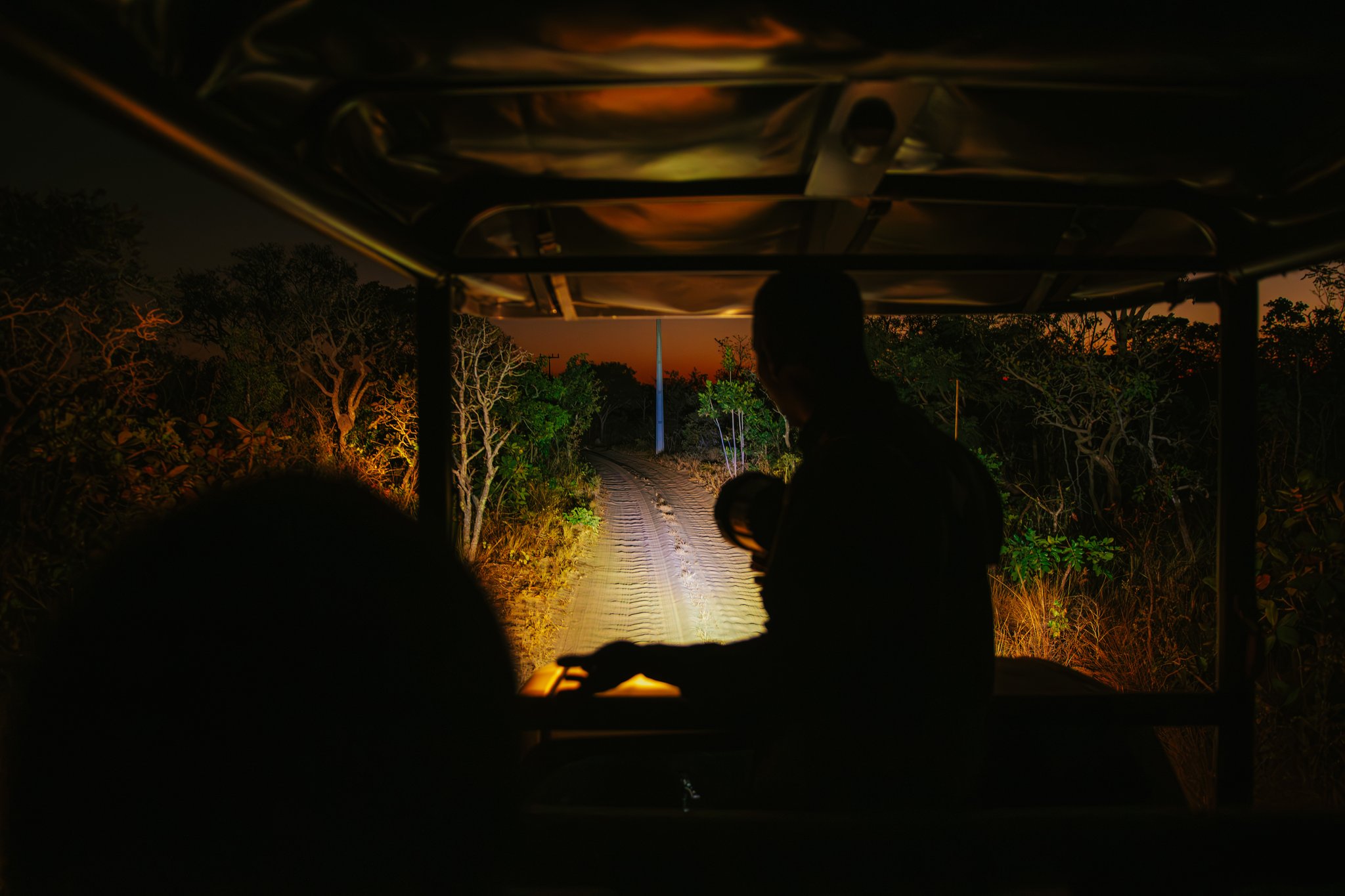 View from inside an open safari vehicle at Pousada Trijunção, headlights illuminating a sandy dirt track cutting through dense Cerrado bush under a deep orange twilight sky