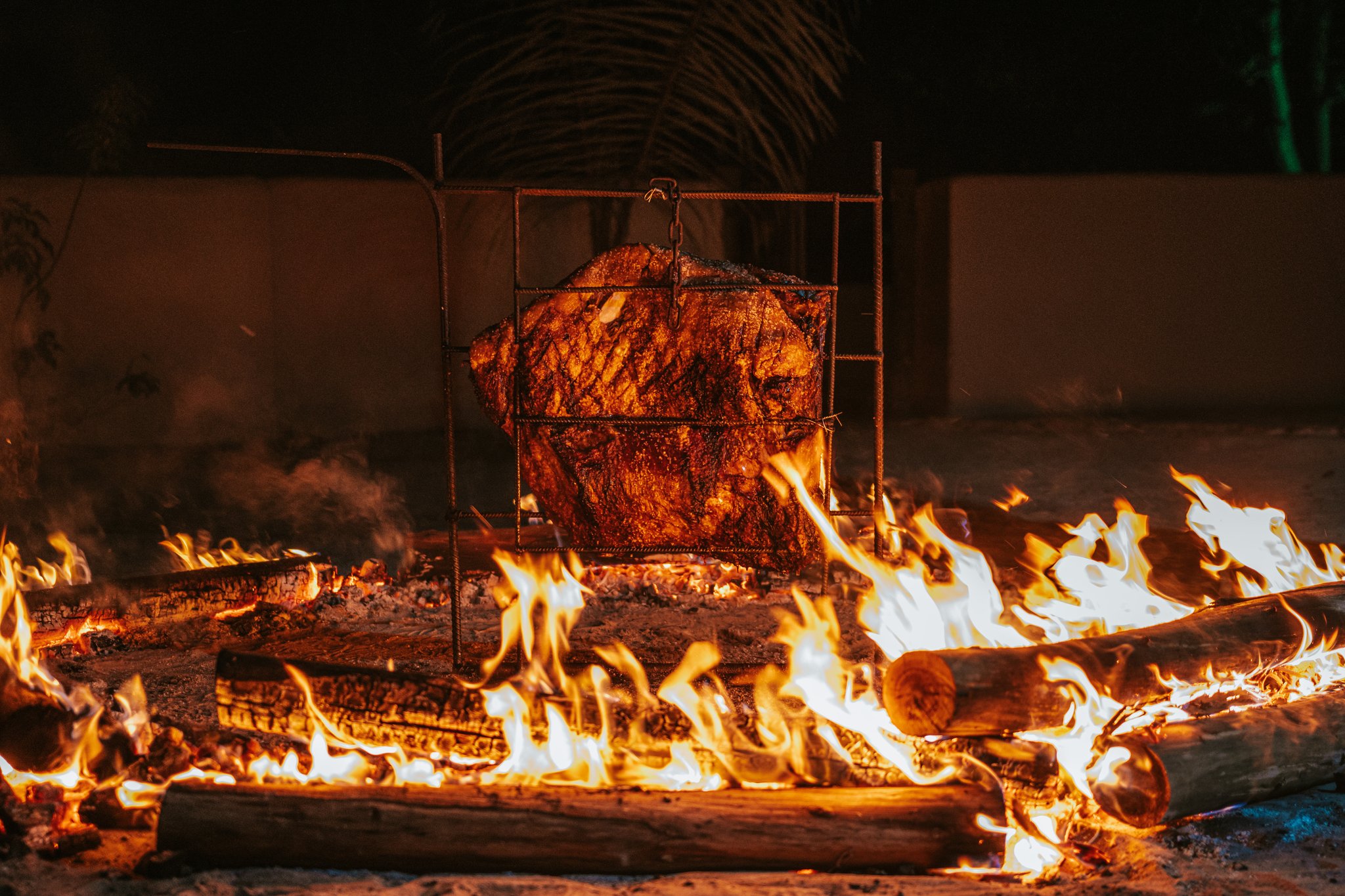A large cut of meat slow-roasting in a rustic iron cage grill over open wood flames at night at Pousada Trijunção, deep in the Cerrado