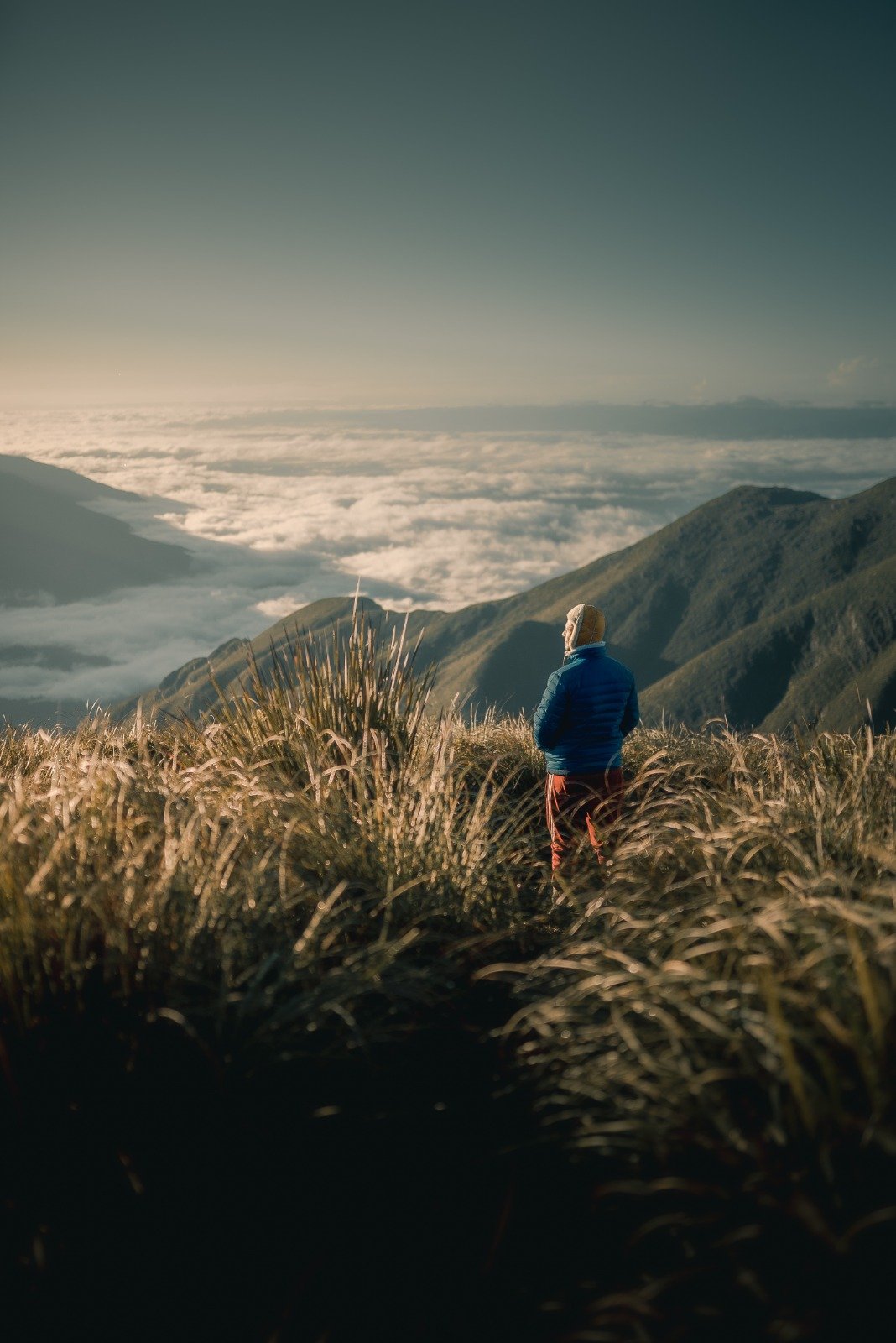 A hiker in a blue down jacket stands among golden highland grasses on the Serra Fina Trekking route, gazing over a vast sea of clouds filling the valleys of the Serra da Mantiqueira