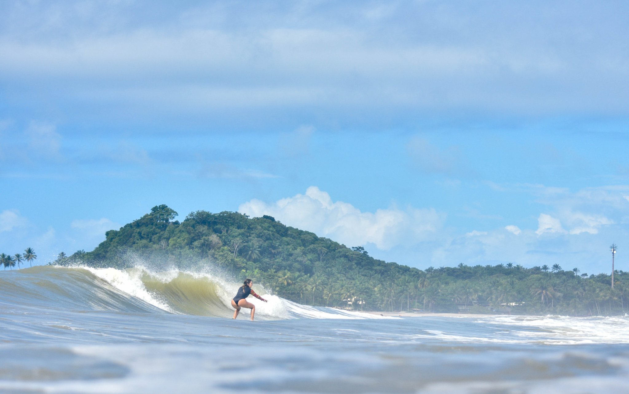 A woman crouching low on her surfboard rides a curling wave during surf lessons in Itacaré, with a forested headland and palm-lined beach visible in the background