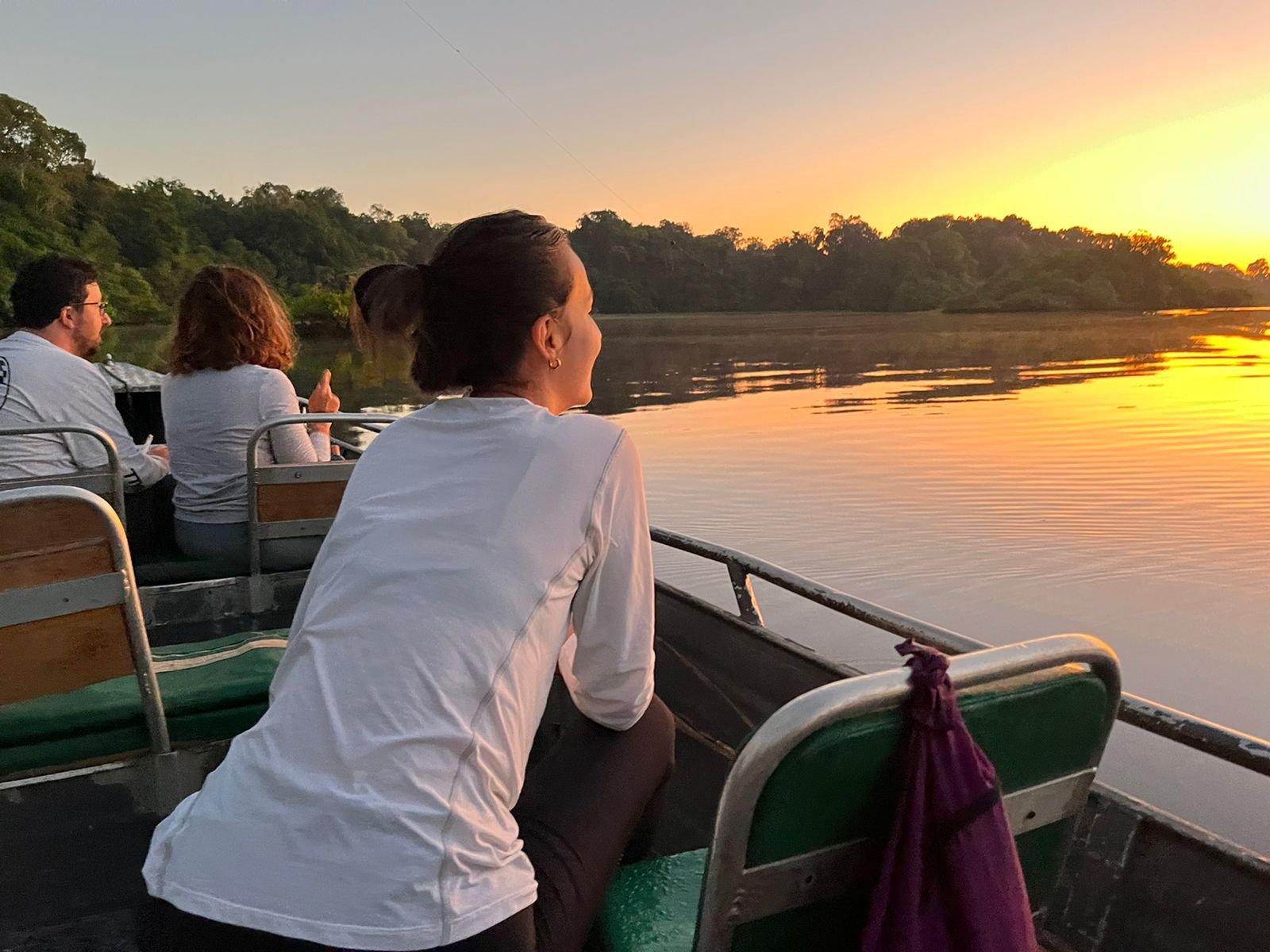 The group falls quiet as the river turns molten gold at dusk. Travelers in a boat watching a golden sunset over the Amazon river