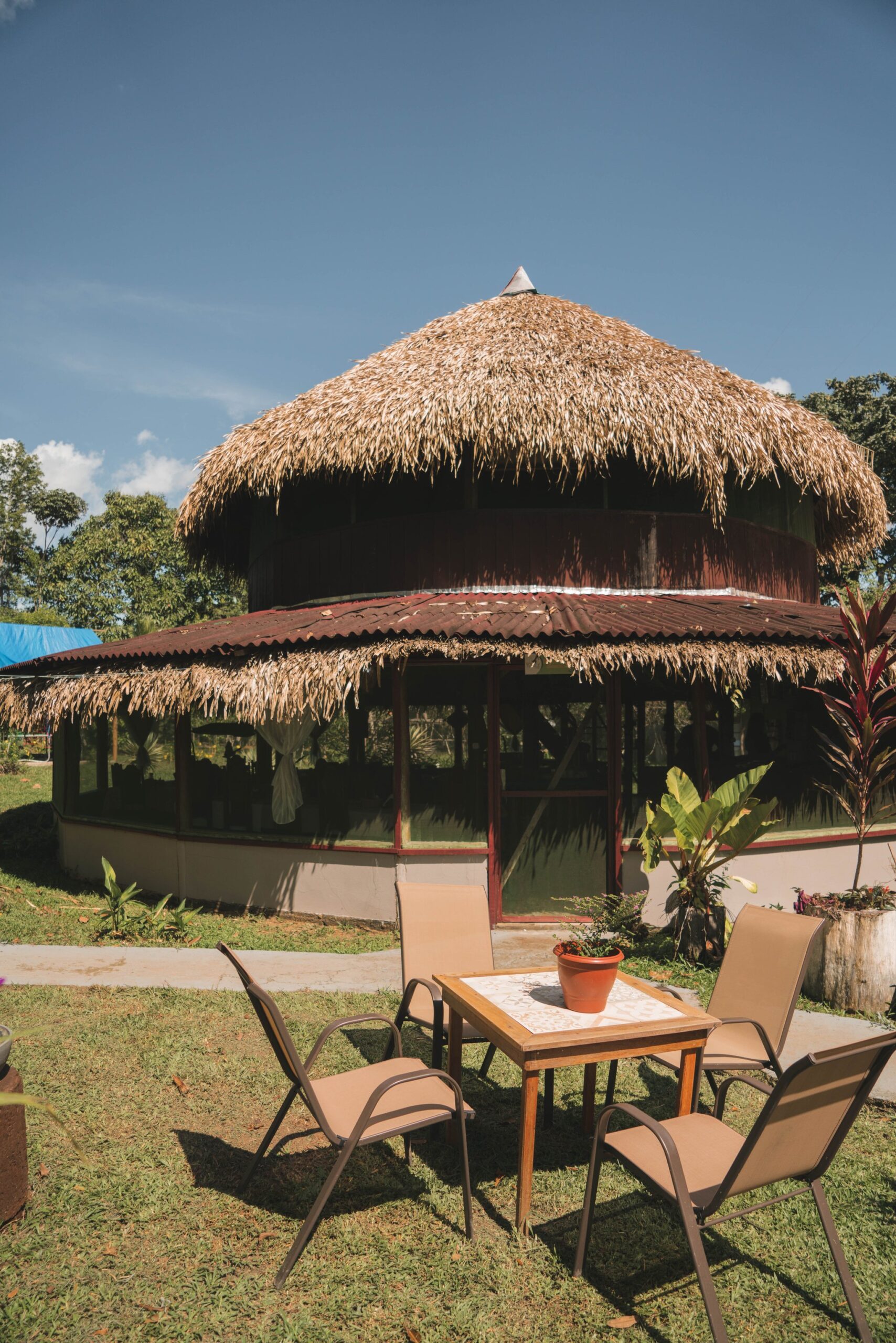 Round thatched-roof communal building at Turtle Lodge with garden seating under a blue sky